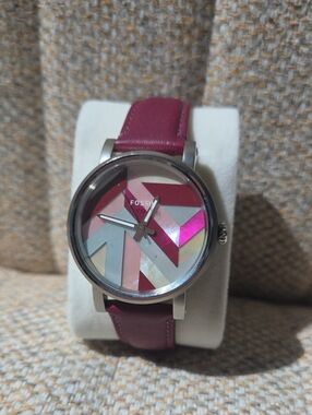 Fossil Pink Leather Strap Watch with Multicolor Geometric Dial